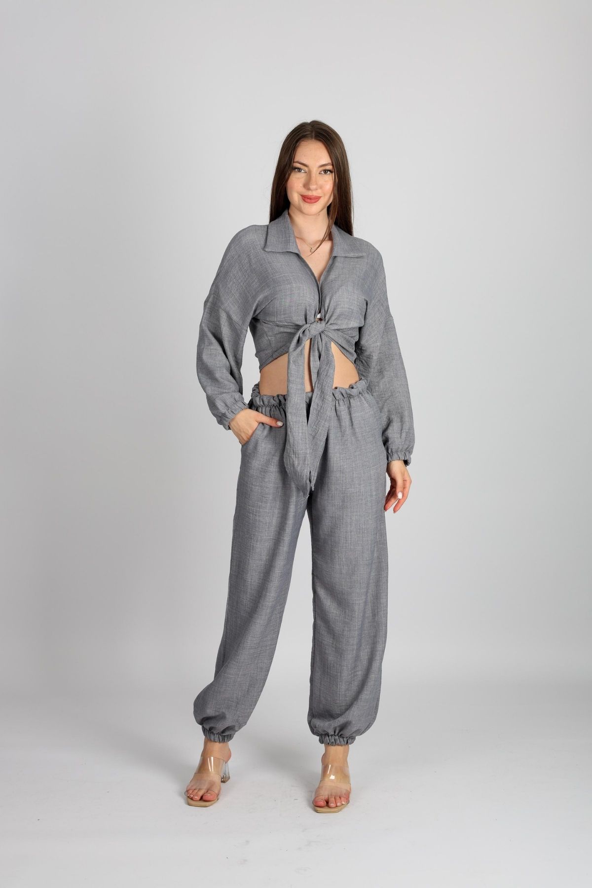 Bağlamalı Crop & Gömlek ve Lastikli Bol Kesim PantalonBej rengı