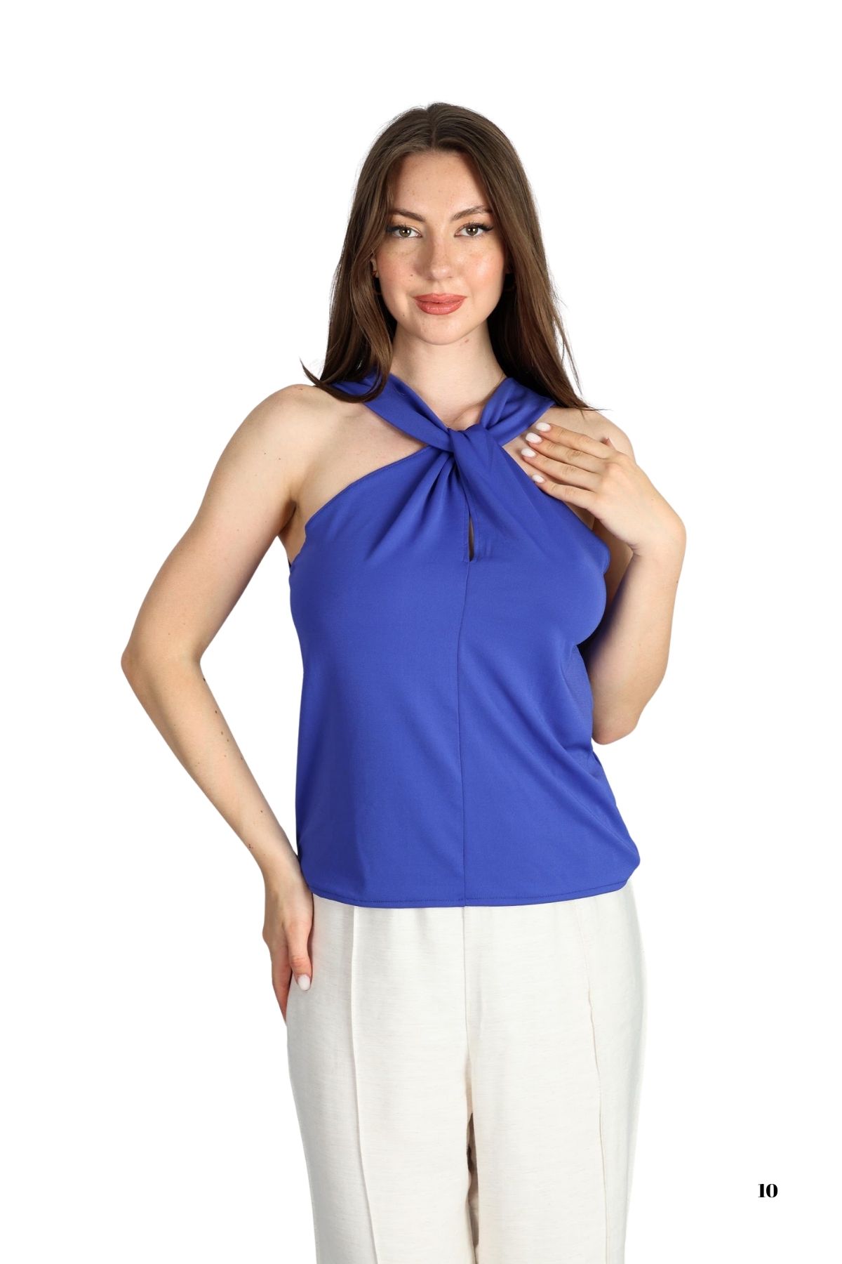 YAKA DÜĞÜM DETAYLI SAKS MAVİSİ KREP BLUZ