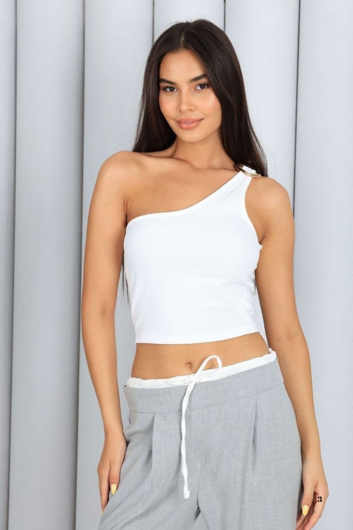 Tek Omuz Halka Detaylı Bluz Beyaz